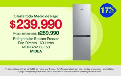 Ofertas de Supermercados y Alimentación en El Bosque | Hasta 17% dcto , Refrigerador bottom freezer Midea ! de Tottus | 07-05-2024 - 08-05-2024