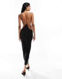 Oferta de ASOS DESIGN mesh halter maxi dress with extreme cut out back detail in black por $39,99 en asos